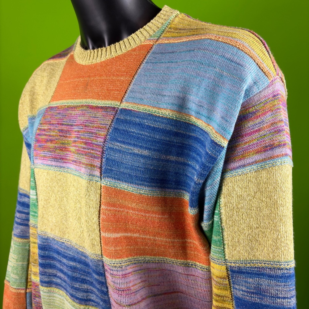 VTG Norm Thompson Mens XL Patchwork Knit Pastel Sweater Italy Made Coogi-Style